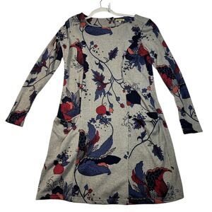 Windhorse Floral Print Long Sleeve Knit Dress Size L/XL Gray Blue‎ Red Pockets